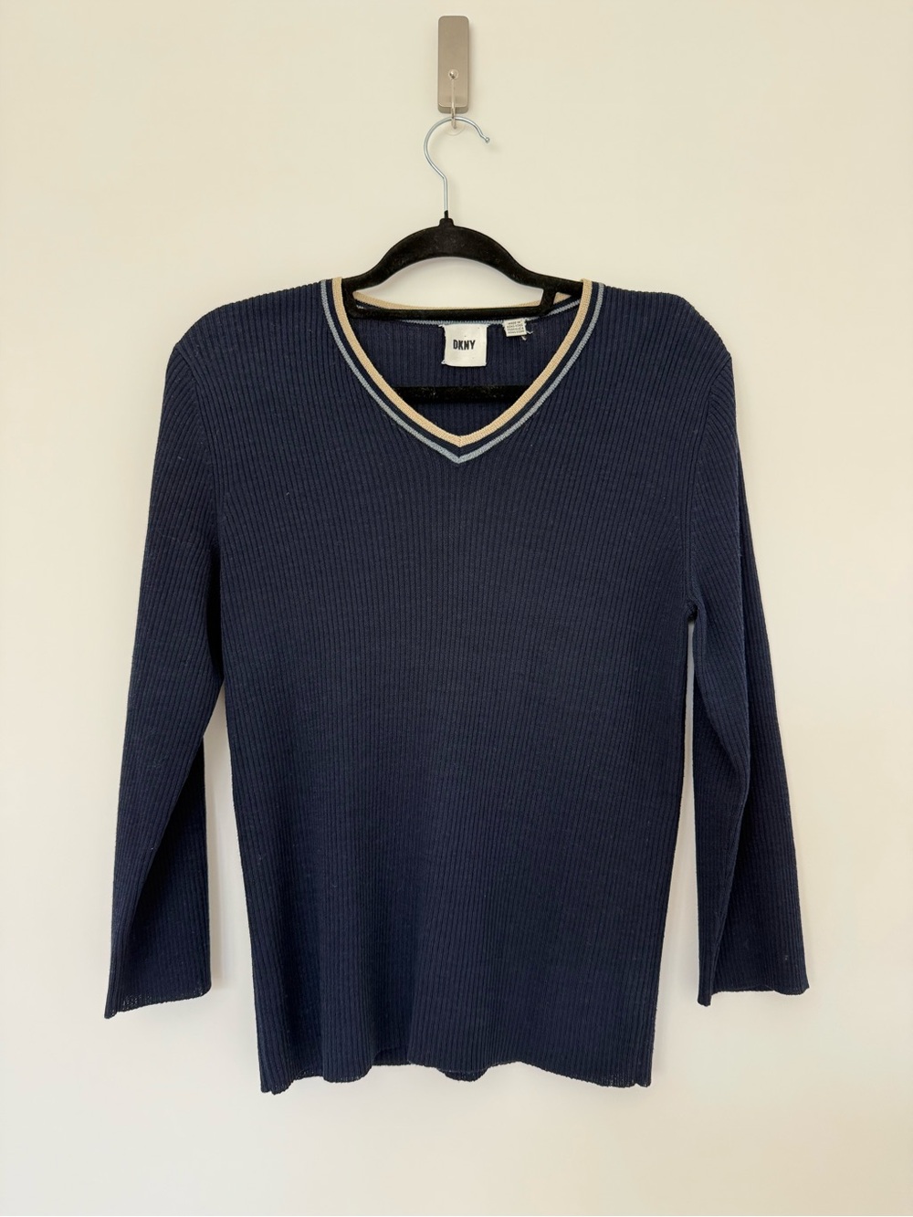 DKNY Navy V-Neck Ribbed Sweater with Cream Contrast Trim